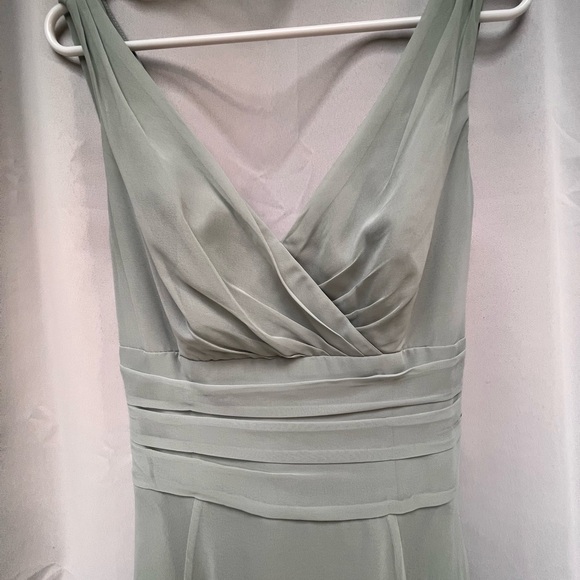David’s Bridal Dusty Sage Long Chiffon Surplice Tank Dress - Picture 3 of 9